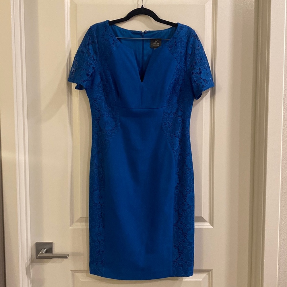 Adrianna Papell Blue Short Sleeve Sheath Lace Knee Length Dress